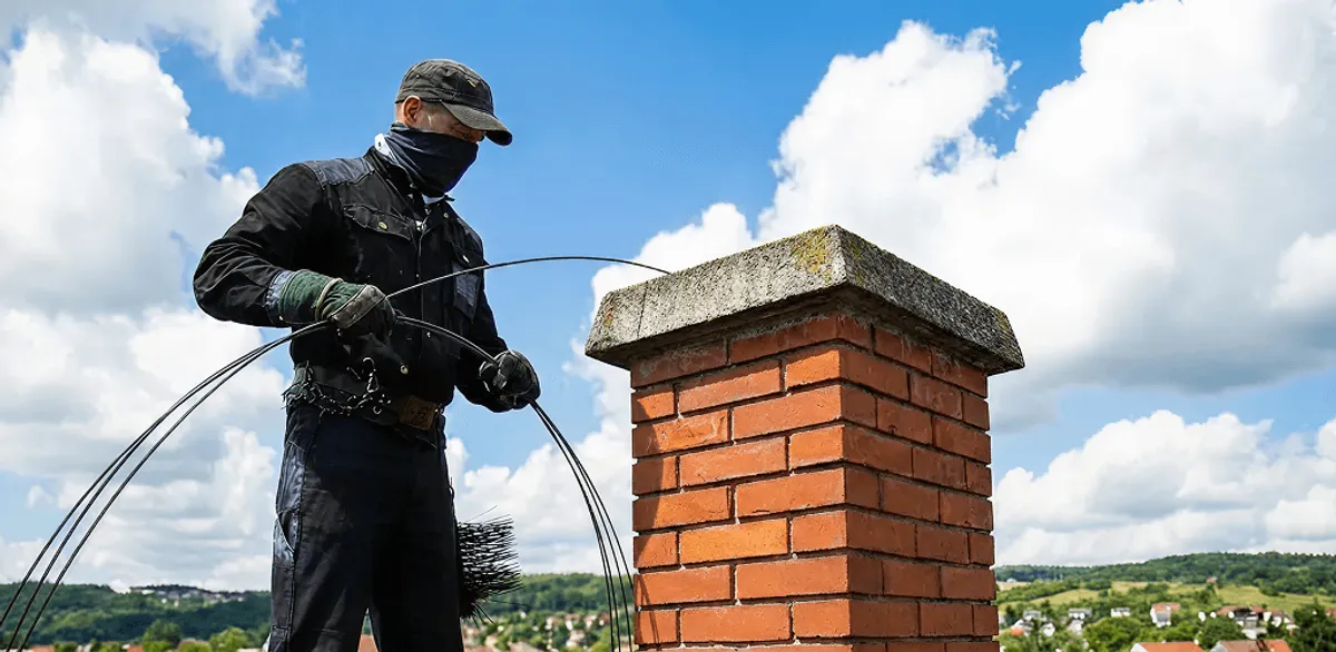 Chimney sweep cleaning a brick chimney with professional tools in Allentown, PA