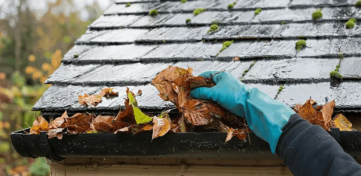 Gutter cleaning technician clearing wet leaves from roof gutters in Allentown, PA